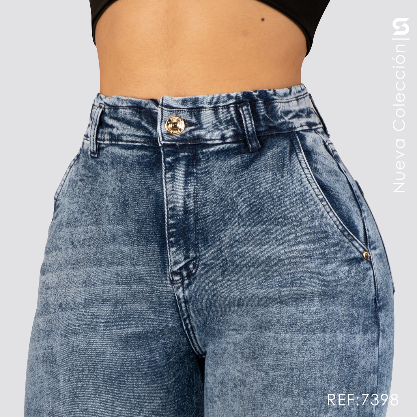 Mom Jeans Tiro Alto Pretina Resortada S7398