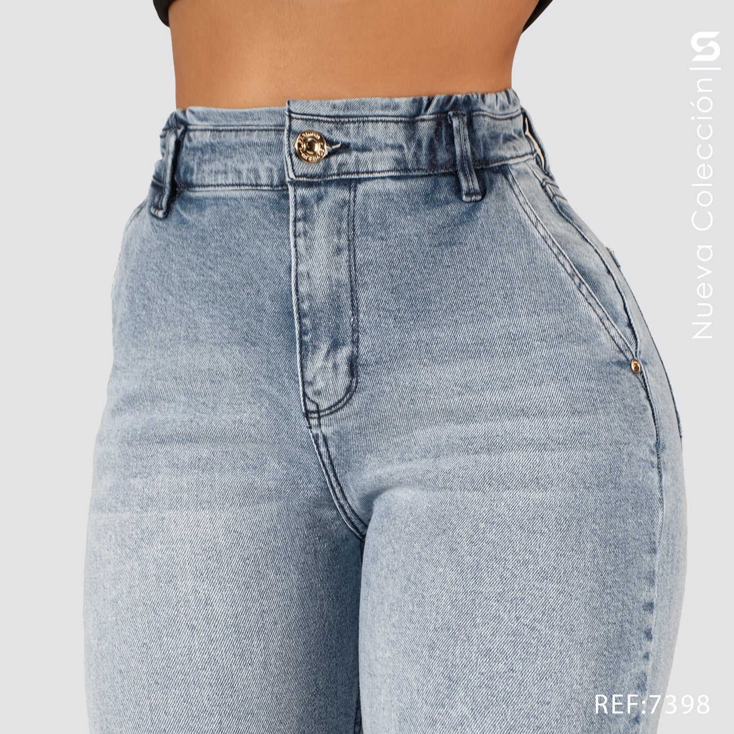 Jeans Mom Fit Tiro Alto Pretina Resortada 7398