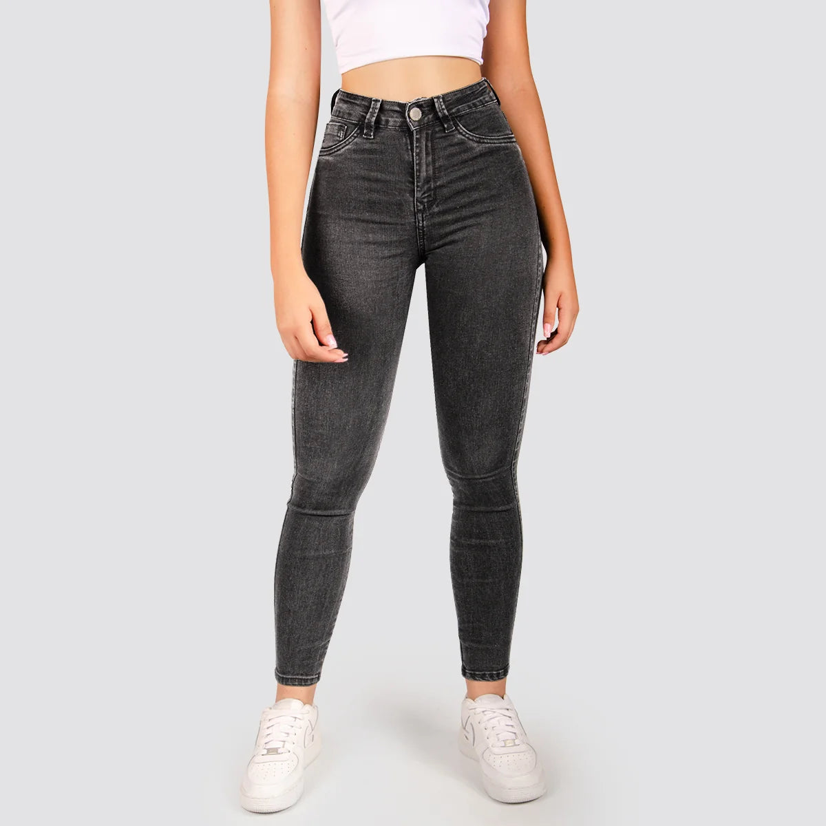 Jeans Skinny Tiro Alto Basic Gris