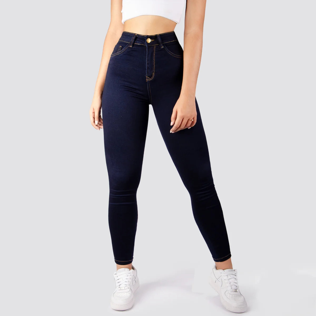Jeans Skinny Tiro Alto Tono Oscuro Basic