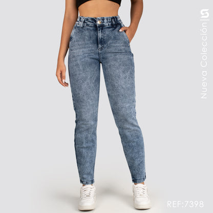 Mom Jeans Tiro Alto Pretina Resortada S7398