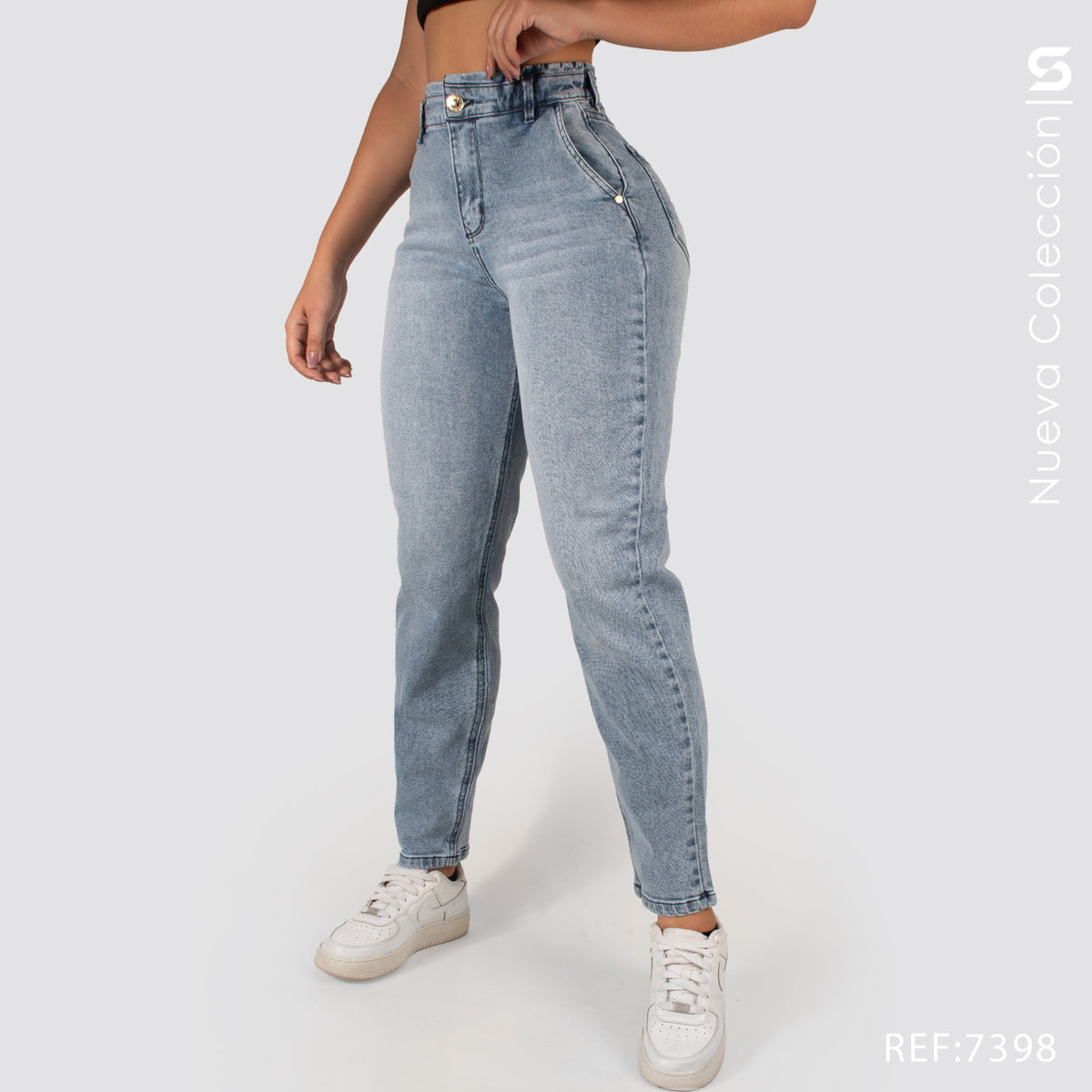 Jeans Mom Fit Tiro Alto Pretina Resortada 7398