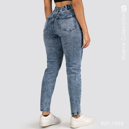 Mom Jeans Tiro Alto Pretina Resortada S7398