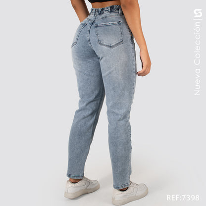 Jeans Mom Fit Tiro Alto Pretina Resortada 7398