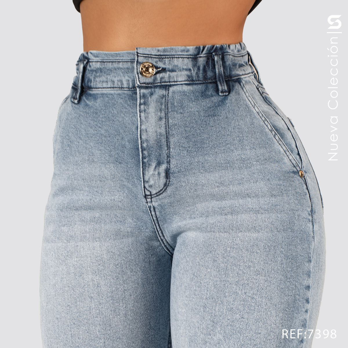 Jeans Mom Fit Tiro Alto Pretina Resortada 7398
