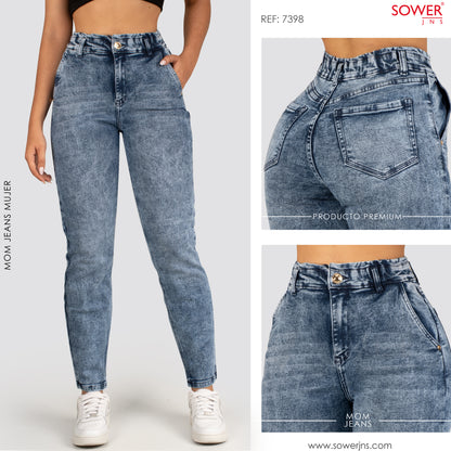 Mom Jeans Tiro Alto Pretina Resortada S7398