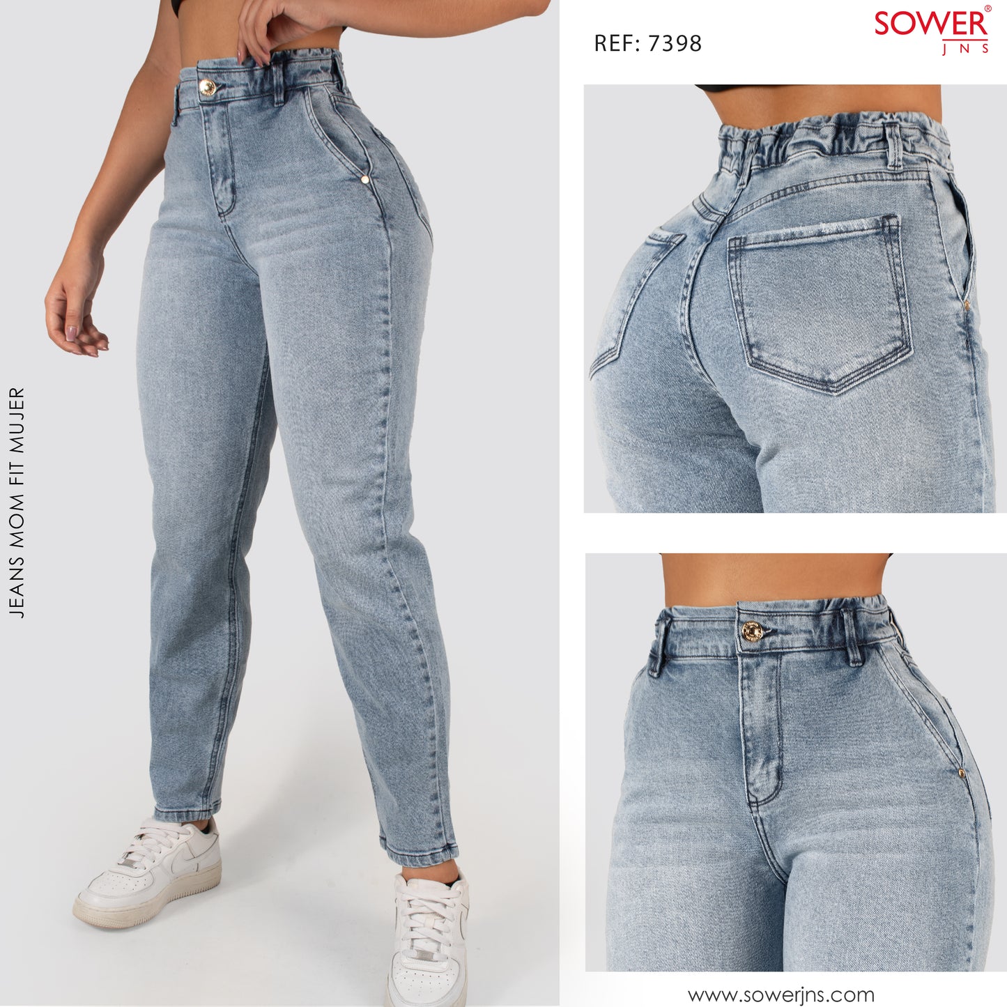 Jeans Mom Fit Tiro Alto Pretina Resortada 7398