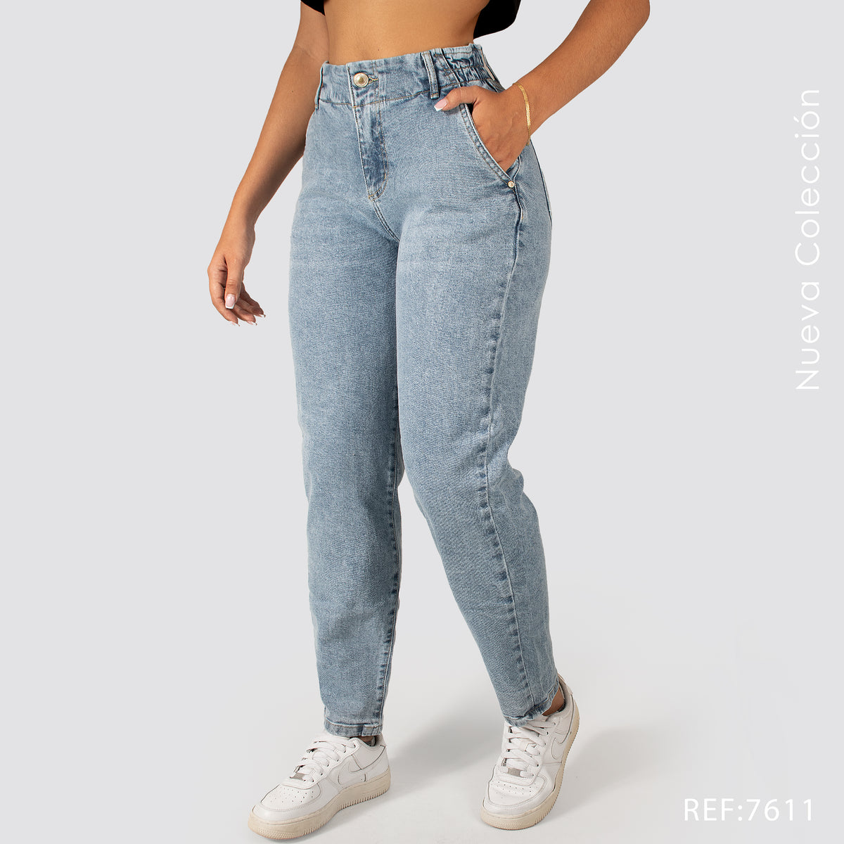 Jeans Mom Fit Tiro Alto Pretina Resortada 7611