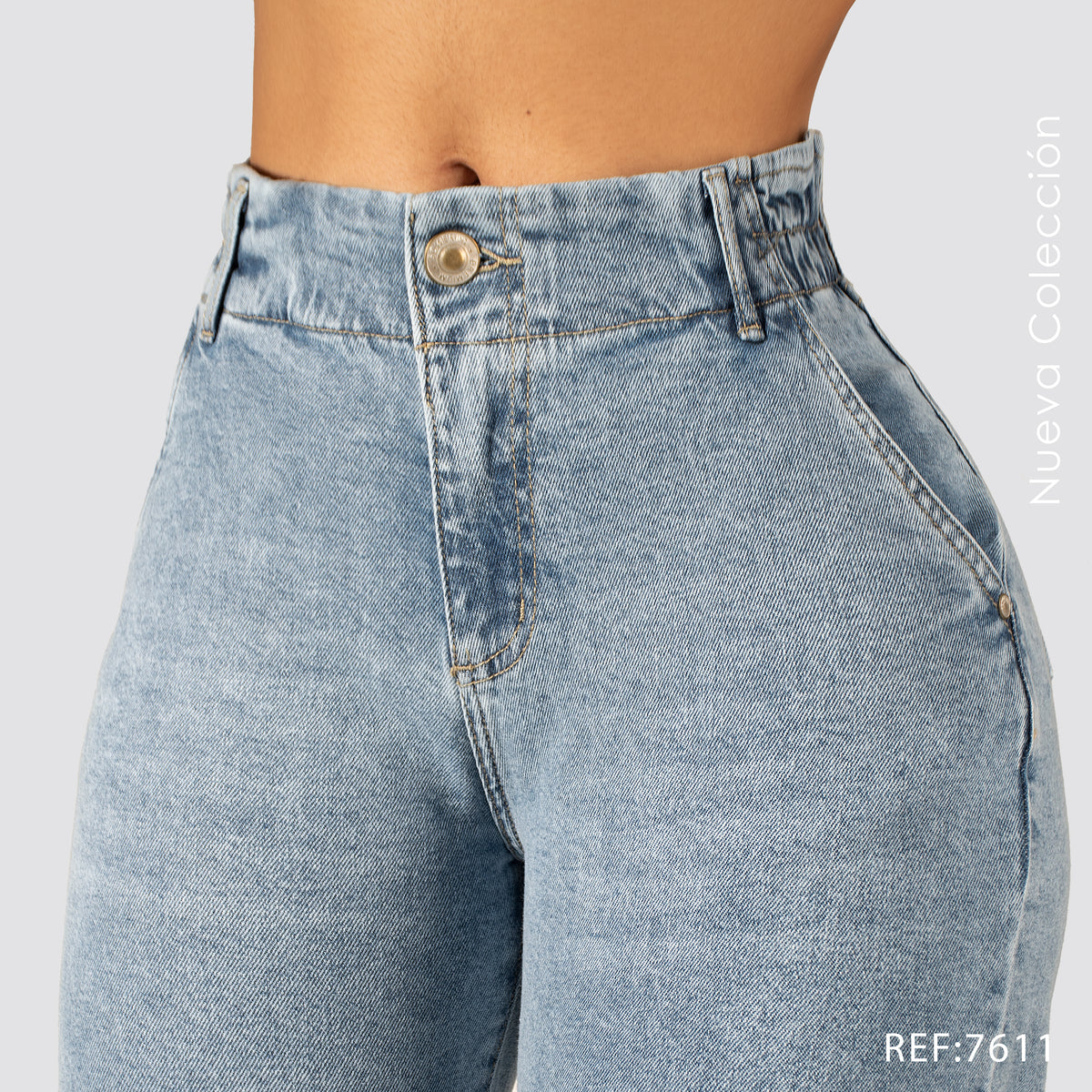 Jeans Mom Fit Tiro Alto Pretina Resortada 7611