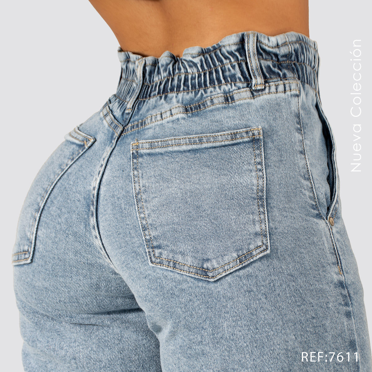 Jeans Mom Fit Tiro Alto Pretina Resortada 7611