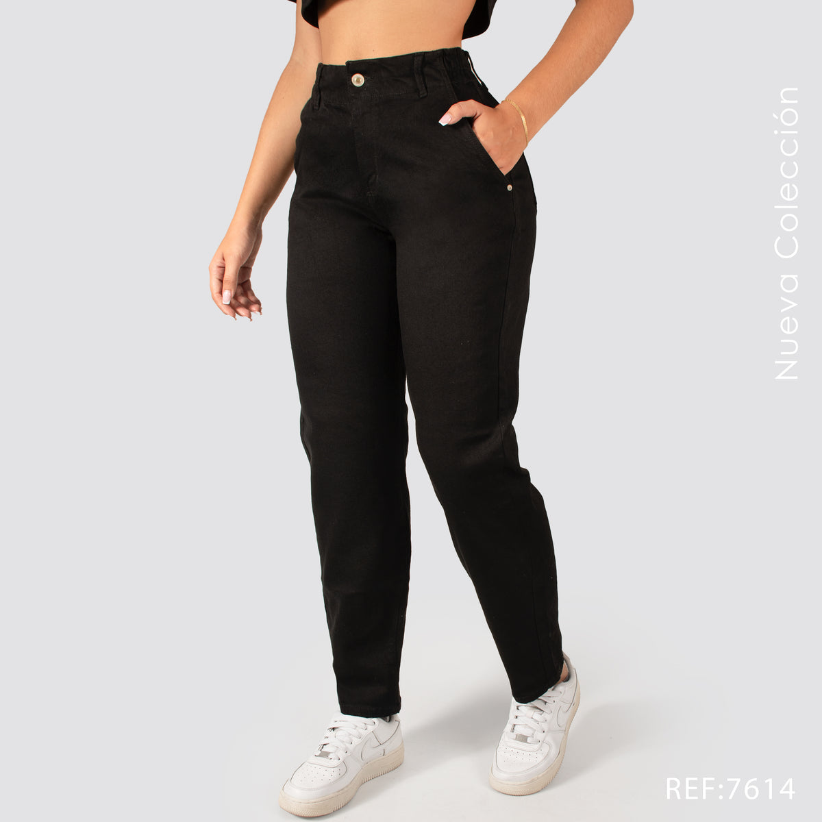 Jeans Mom Fit Tiro Alto Pretina Resortada 7614