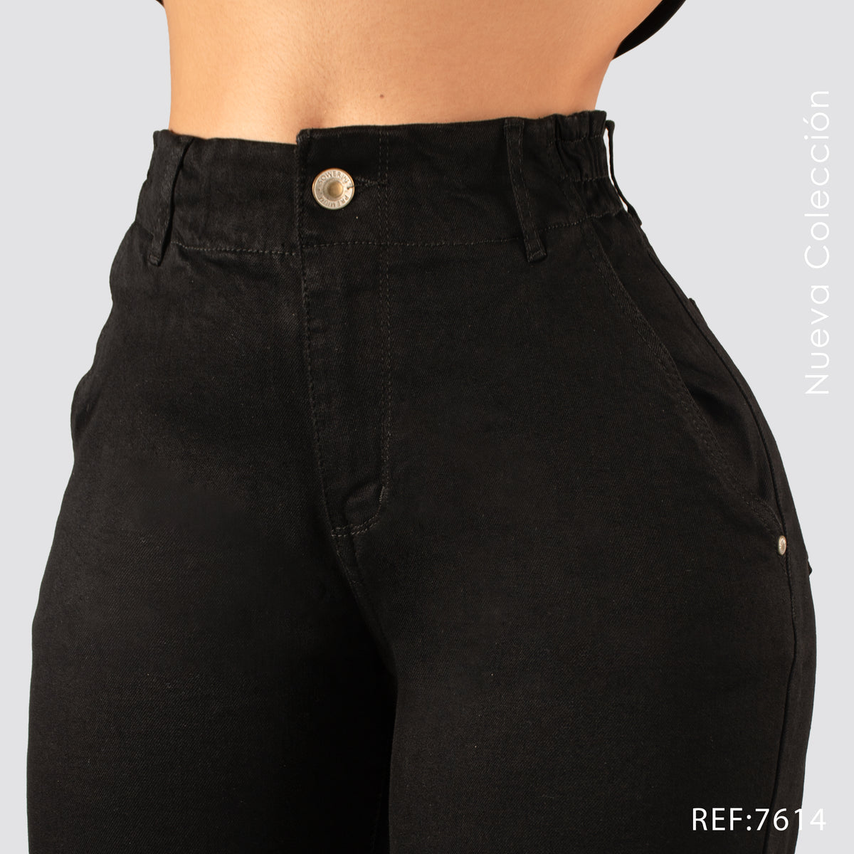 Jeans Mom Fit Tiro Alto Pretina Resortada 7614