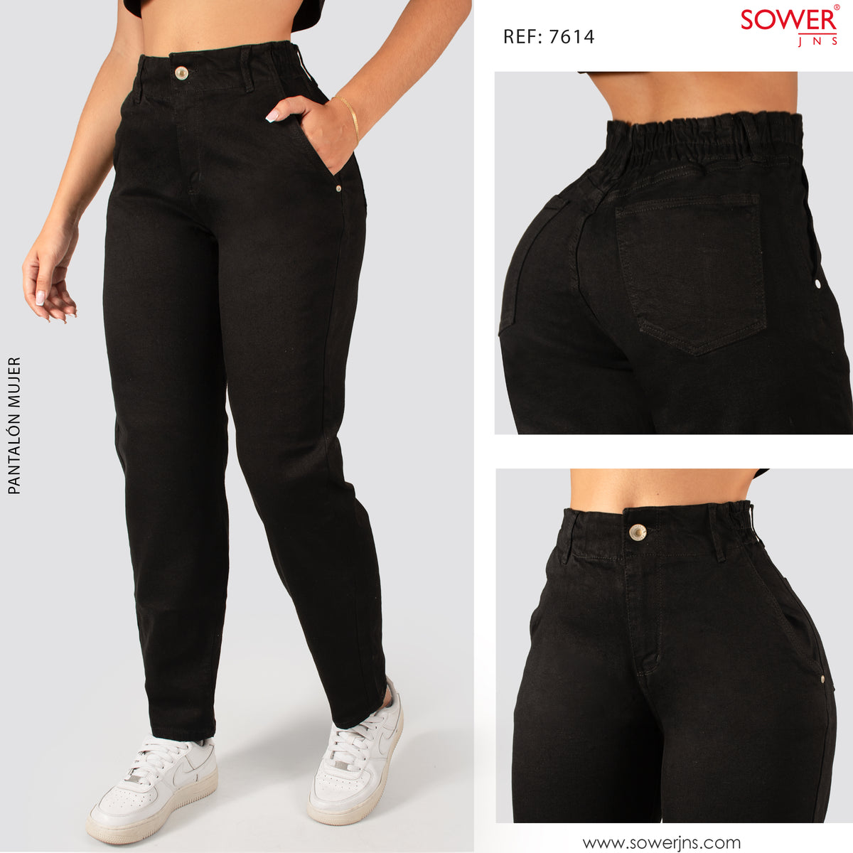 Jeans Mom Fit Tiro Alto Pretina Resortada 7614