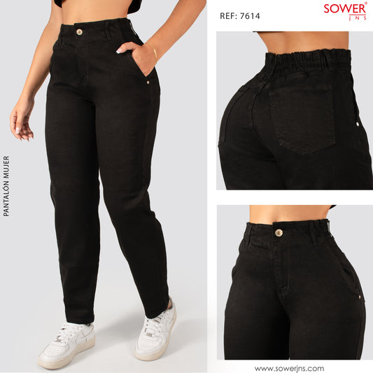 Jeans Mom Fit Tiro Alto Pretina Resortada 7614