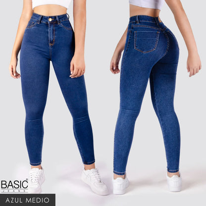 Jeans Skinny Tiro Alto Tono Medio Basic