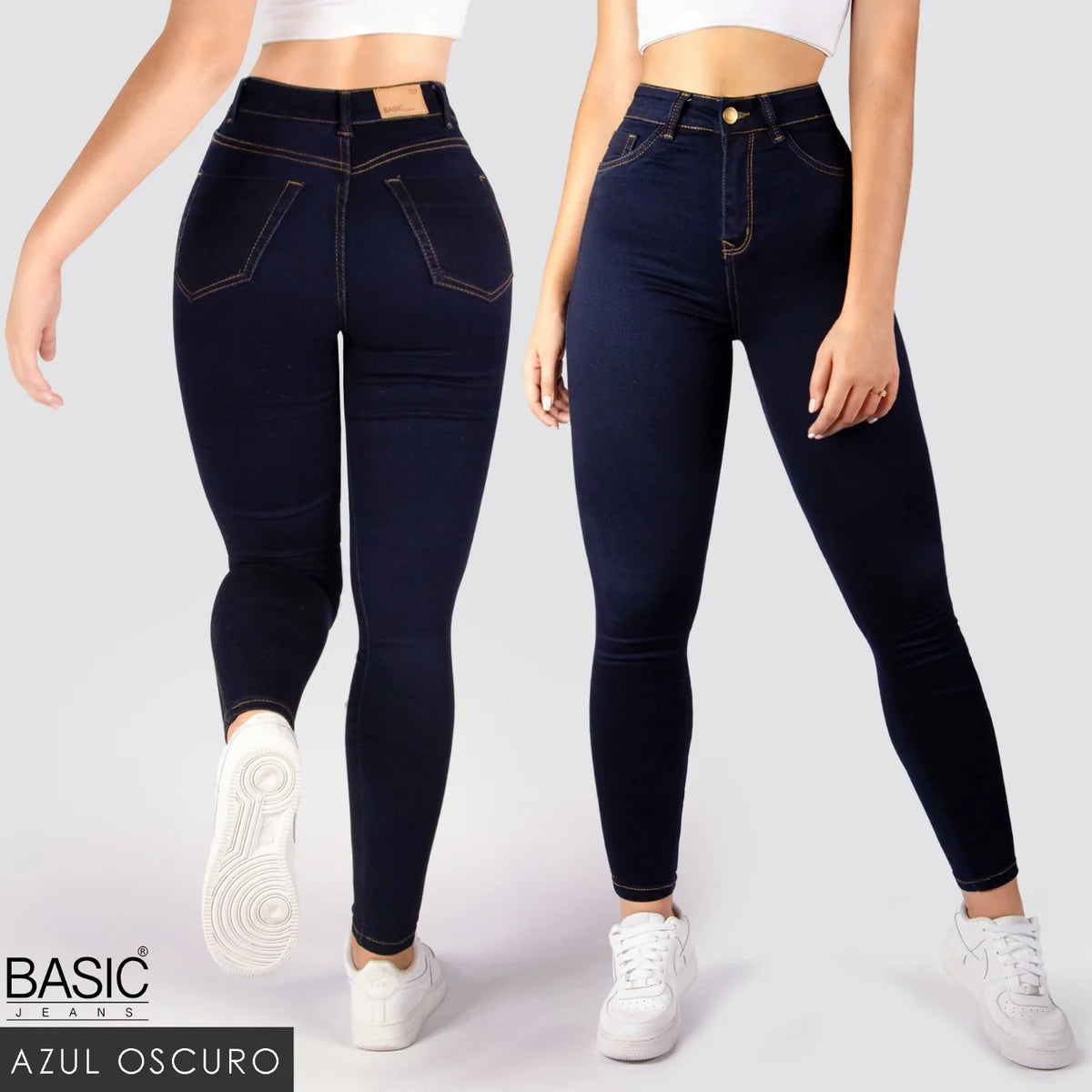 Jeans Skinny Tiro Alto Tono Oscuro Basic